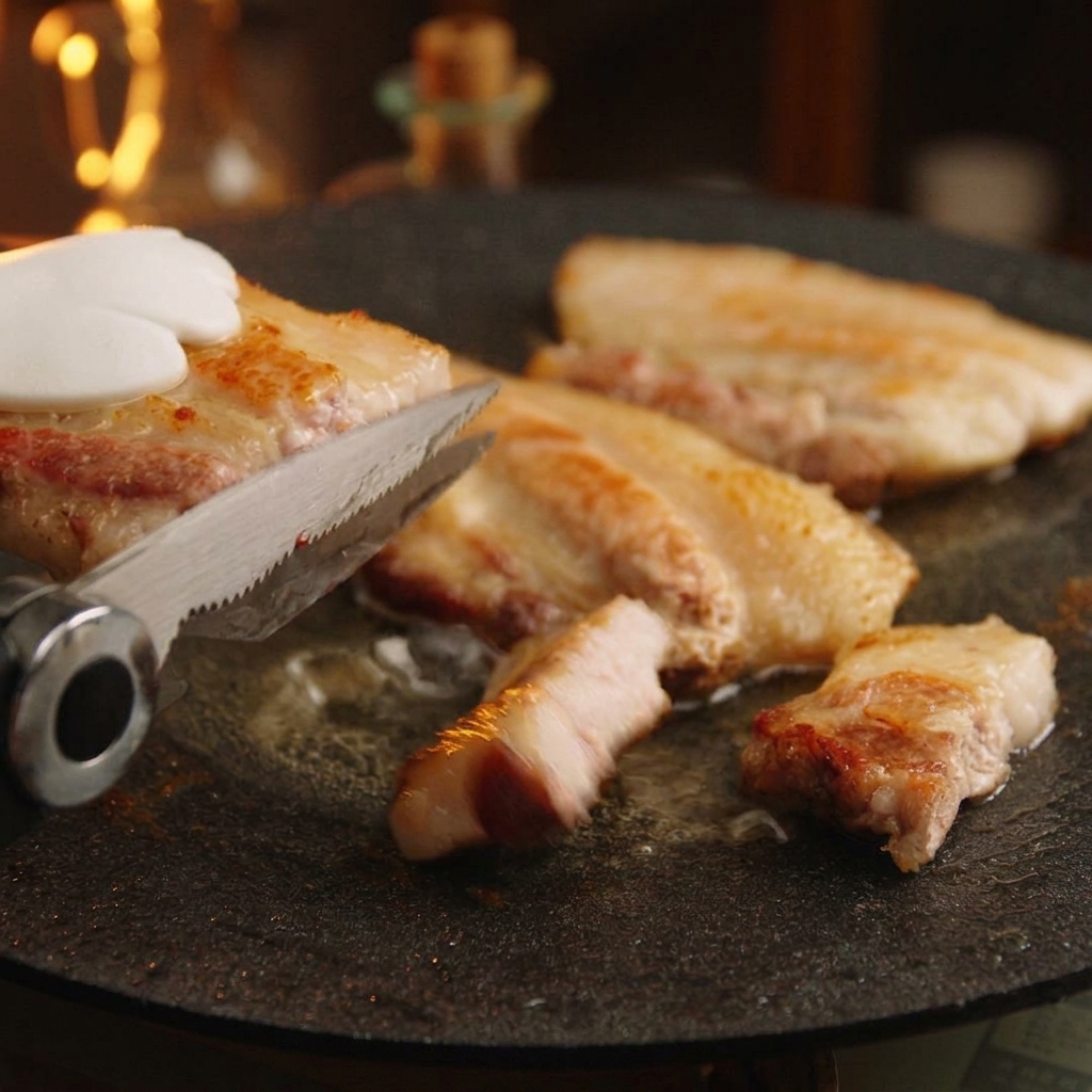 Des coutes de cuisine coupant un morceau de poitrine de porc saisie en plus petits morceaux au-dessus dune plaque chaude.