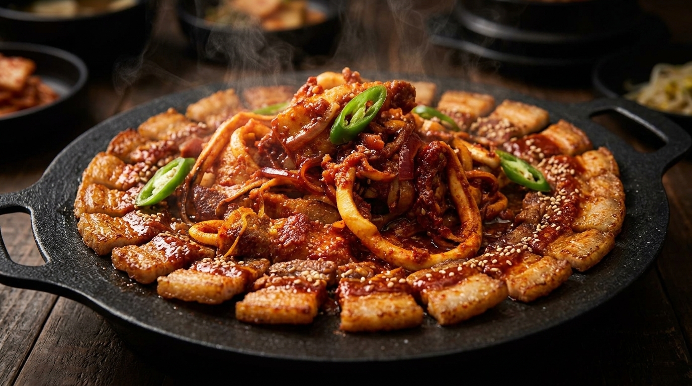 Osam-Bulgogi : Calamars et poitrine de porc épicés sur plaque chauffante
