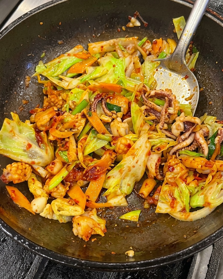 Gros plan sur le calmar, le porc et les légumes remués à laide dune spatule dans un wok, entièrement enrobés dune sauce rouge brillante.