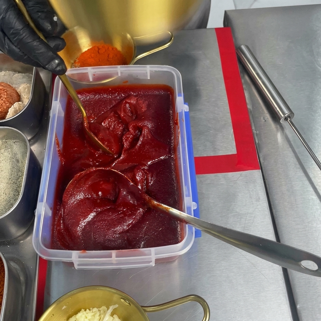 Une cuillère métallique prélevant de la pâte de piment rouge épaisse et brillante dun grand récipient pour lajouter dans un bol séparé.