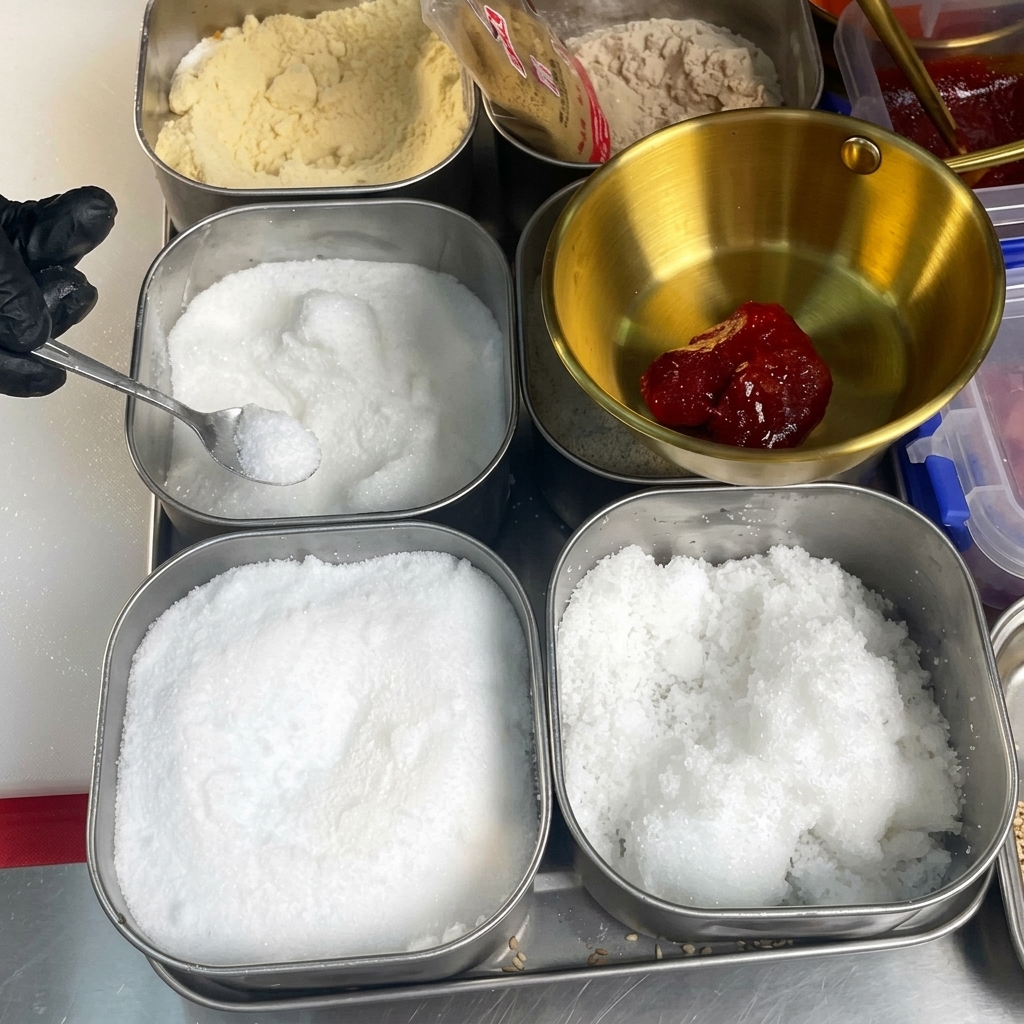 Une petite cuillère versant des cristaux blancs dans un bol en métal contenant de la pâte de piment rouge à côté dautres condiments.