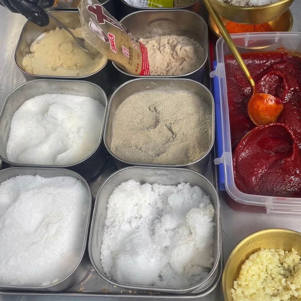 Mesure de différents assaisonnements secs et de poivre moulu dans un bol en métal contenant de la pâte de piment et du sucre blanc.