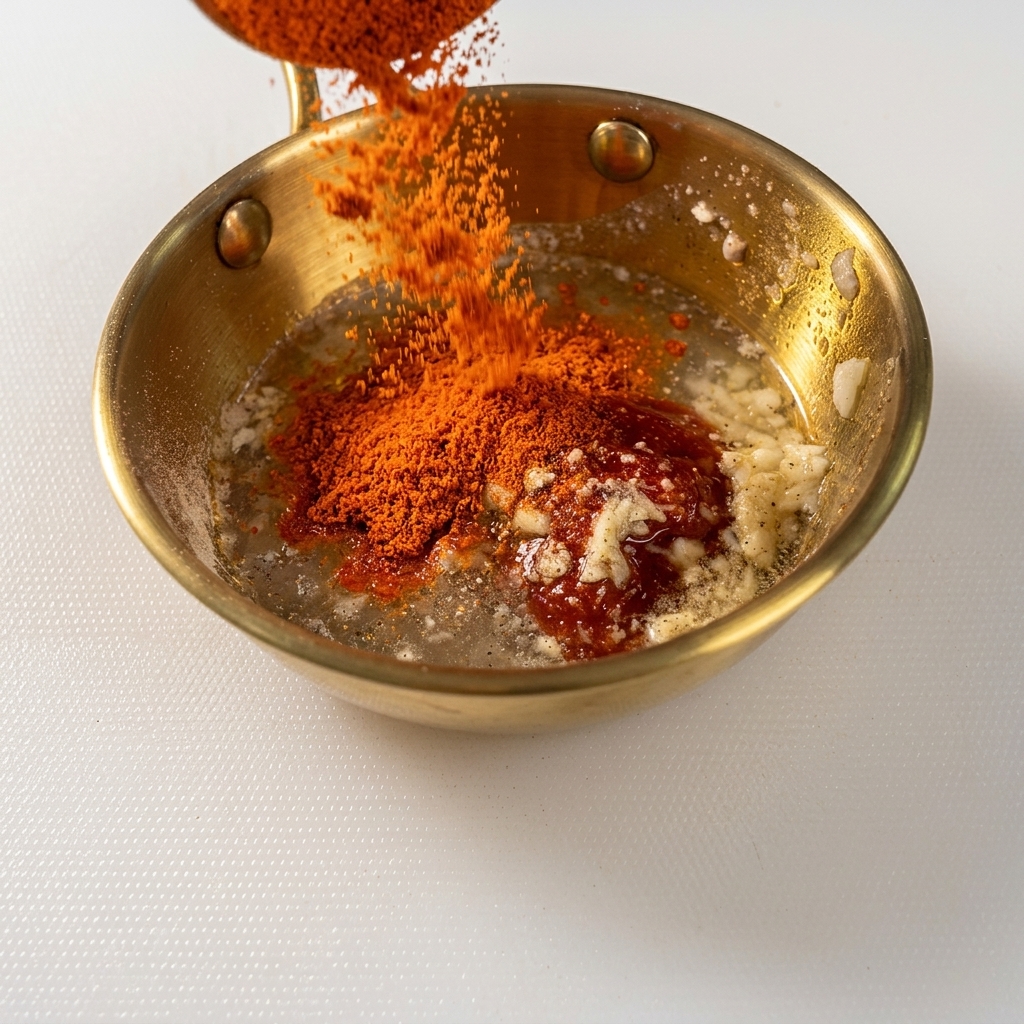 Du piment en poudre rouge vif versé dans un bol doré contenant de lail, du sucre et du liquide.