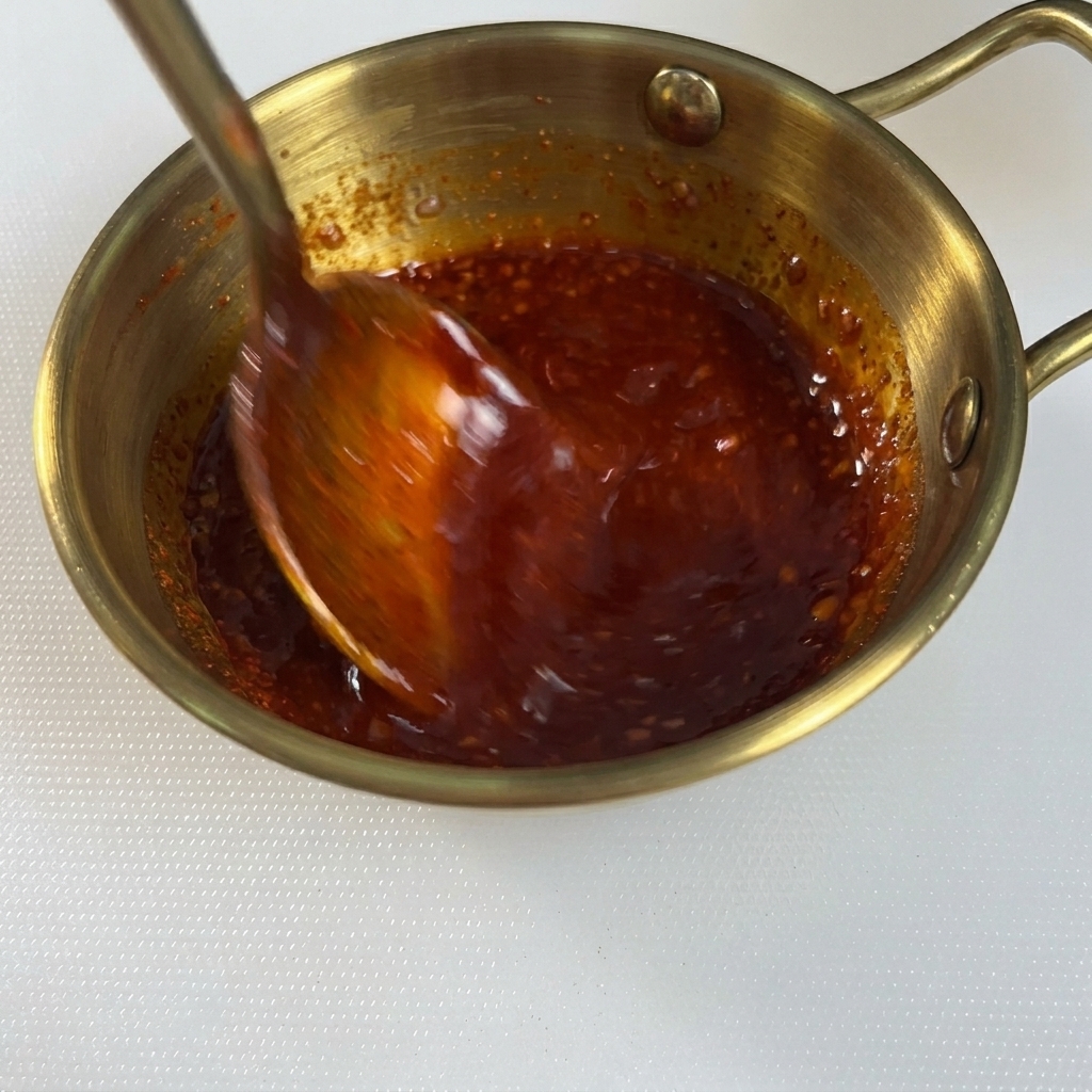 Une cuillère en métal mélangeant une sauce rouge épaisse et brillante à lintérieur dun bol doré.
