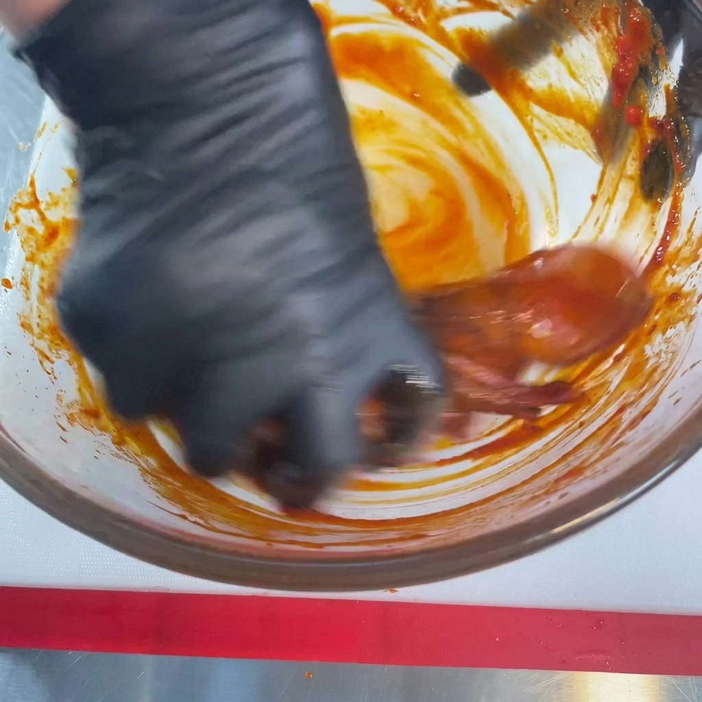 Une main portant un gant noir enrobant et massant soigneusement un calamar cru avec une sauce rouge épaisse et piquante dans un saladier en verre.