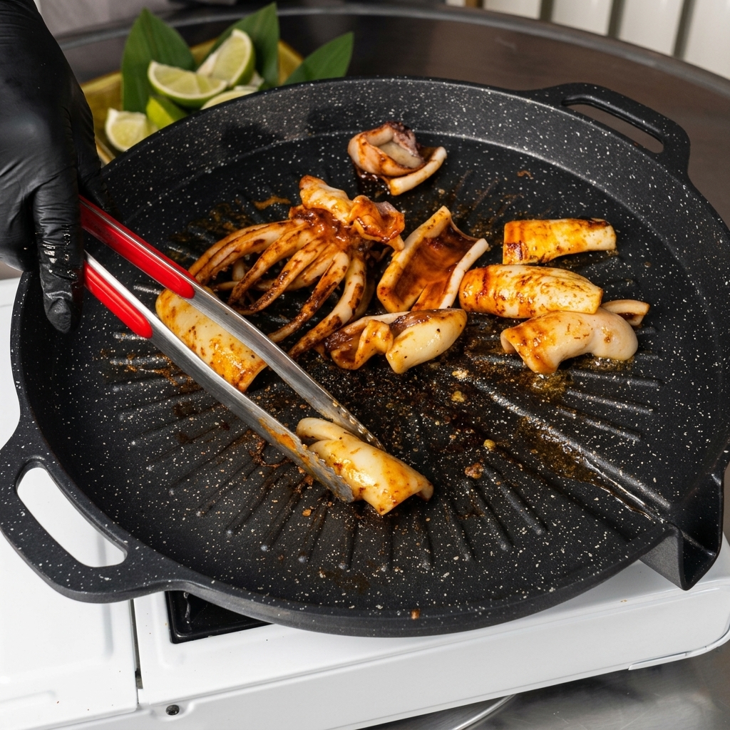 Utilisation de pinces et de ciseaux pour couper les tentacules et le corps dun calamar grillé en morceaux sur une poêle grill noire chaude.