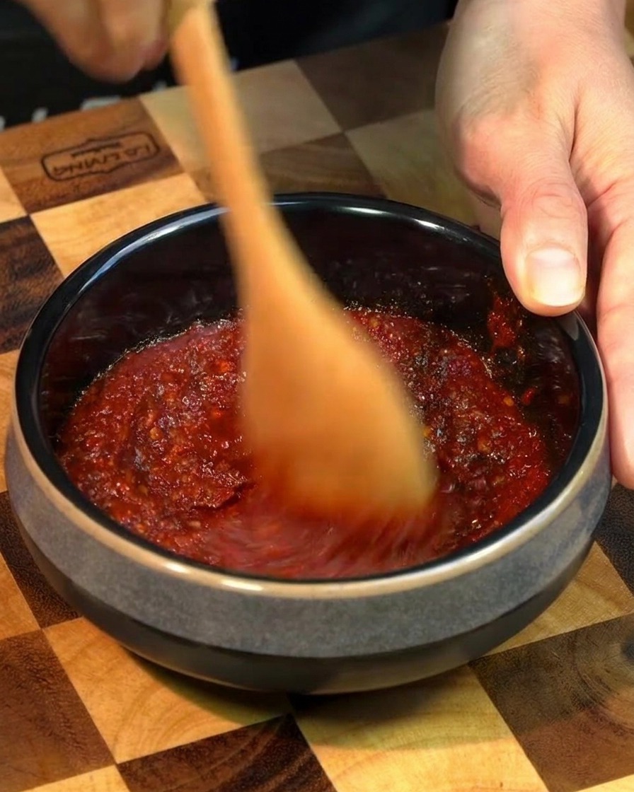 Une main mélangeant une pâte de piment rouge épaisse dans un petit bol en céramique noire avec une cuillère en bois.