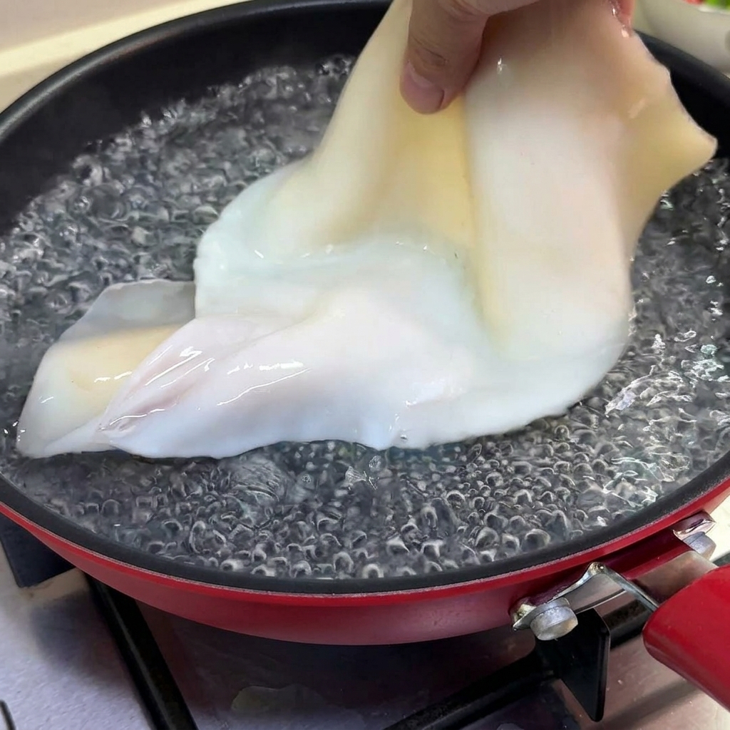 Un calamar entier nettoyé plongé à la main dans une casserole deau bouillante.