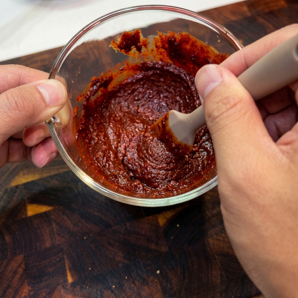 Des mains mélangeant une pâte de sauce au piment rouge épaisse et éclatante dans un bol en verre avec une spatule.
