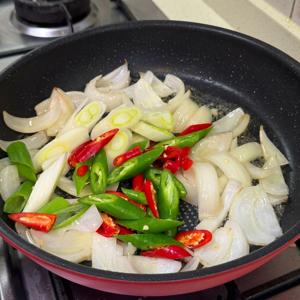 Des piments verts et rouges émincés, des oignons verts et de lail haché cuisant dans une poêle avec les oignons.