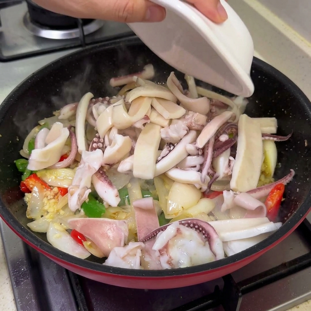 Le calamar blanchi et la poitrine de porc ajoutés depuis un bol dans la poêle de légumes sautés.