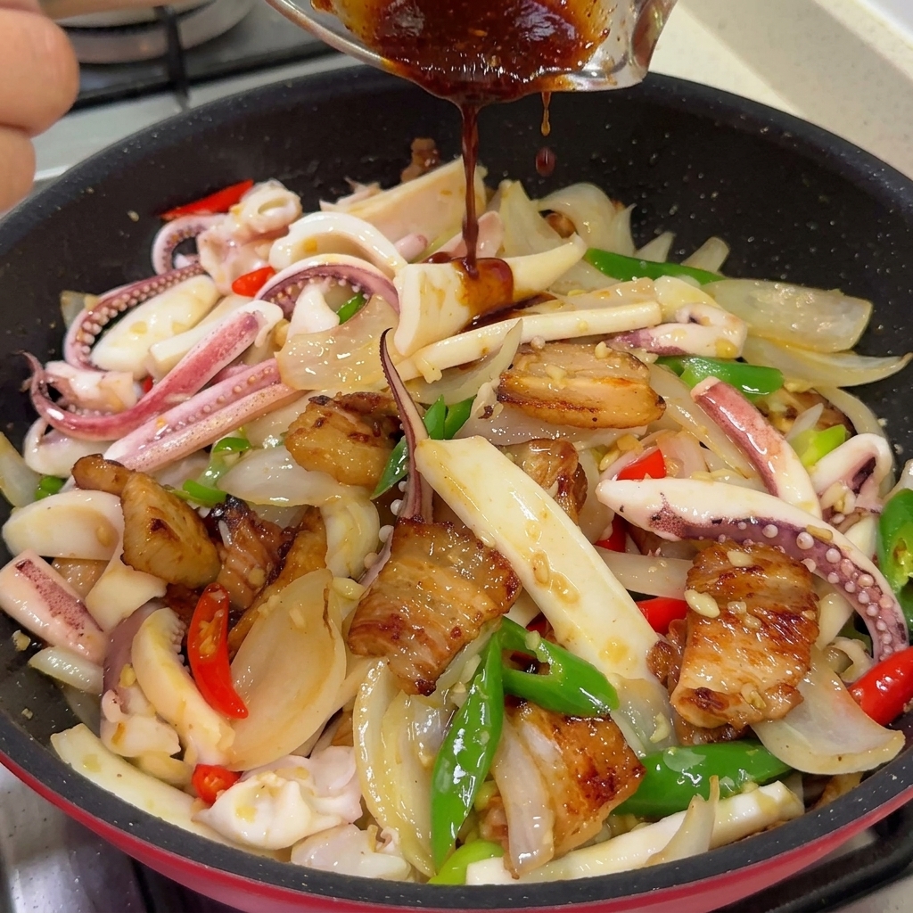 Une sauce au piment rouge épaisse et foncée versée dans une poêle sur le calamar, la poitrine de porc et les légumes.