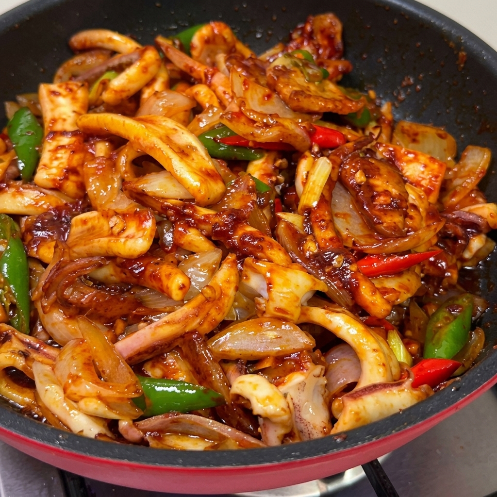 Le calamar, la poitrine de porc et les légumes dans une poêle, parfaitement enrobés dune sauce au piment rouge vive et brillante.