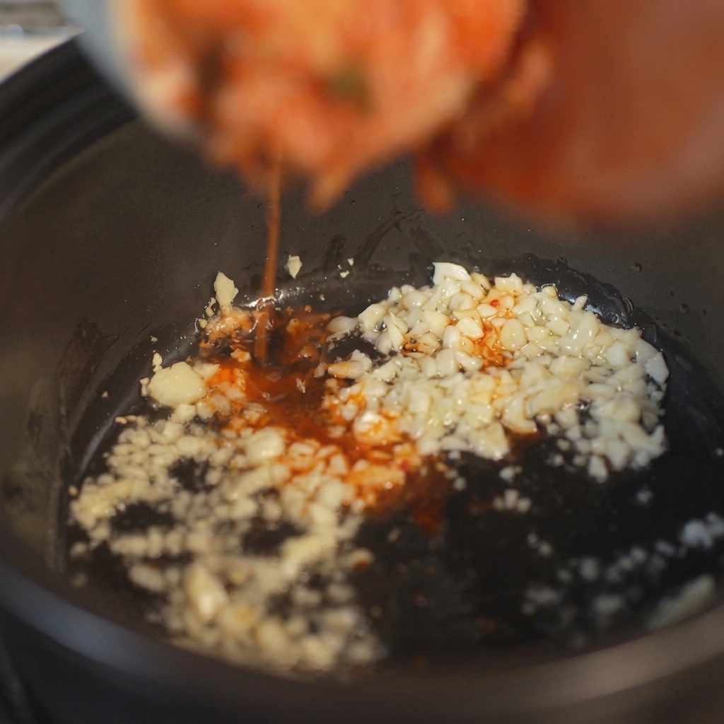 Kimchi coupé en morceaux avec son jus rouge vif versé dun bol dans une marmite en terre cuite avec lail revenu.