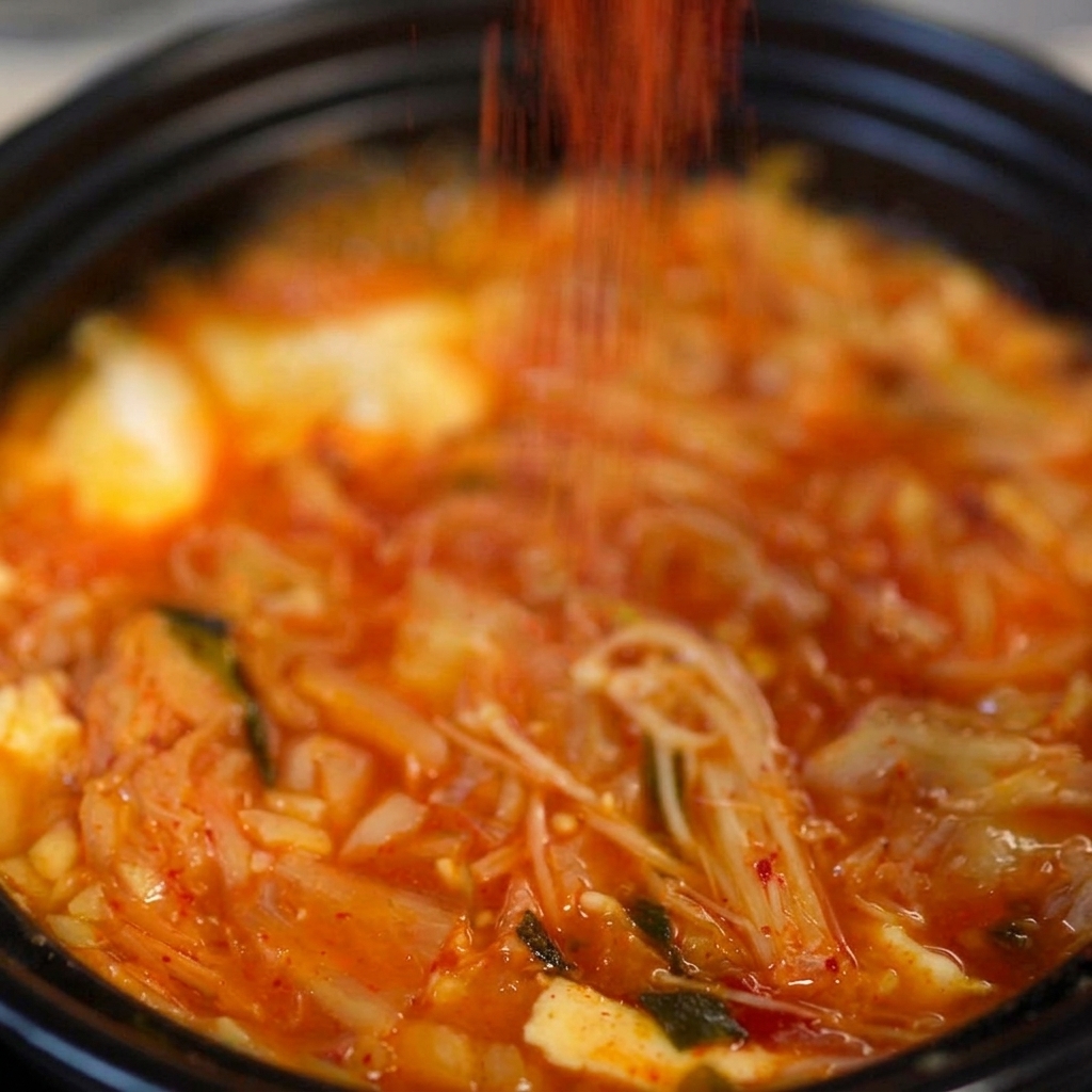 Une cuillerée de flocons de piment coréen rouge vif saupoudrée directement dans le bouillon de kimchi frémissant dans une marmite sombre.