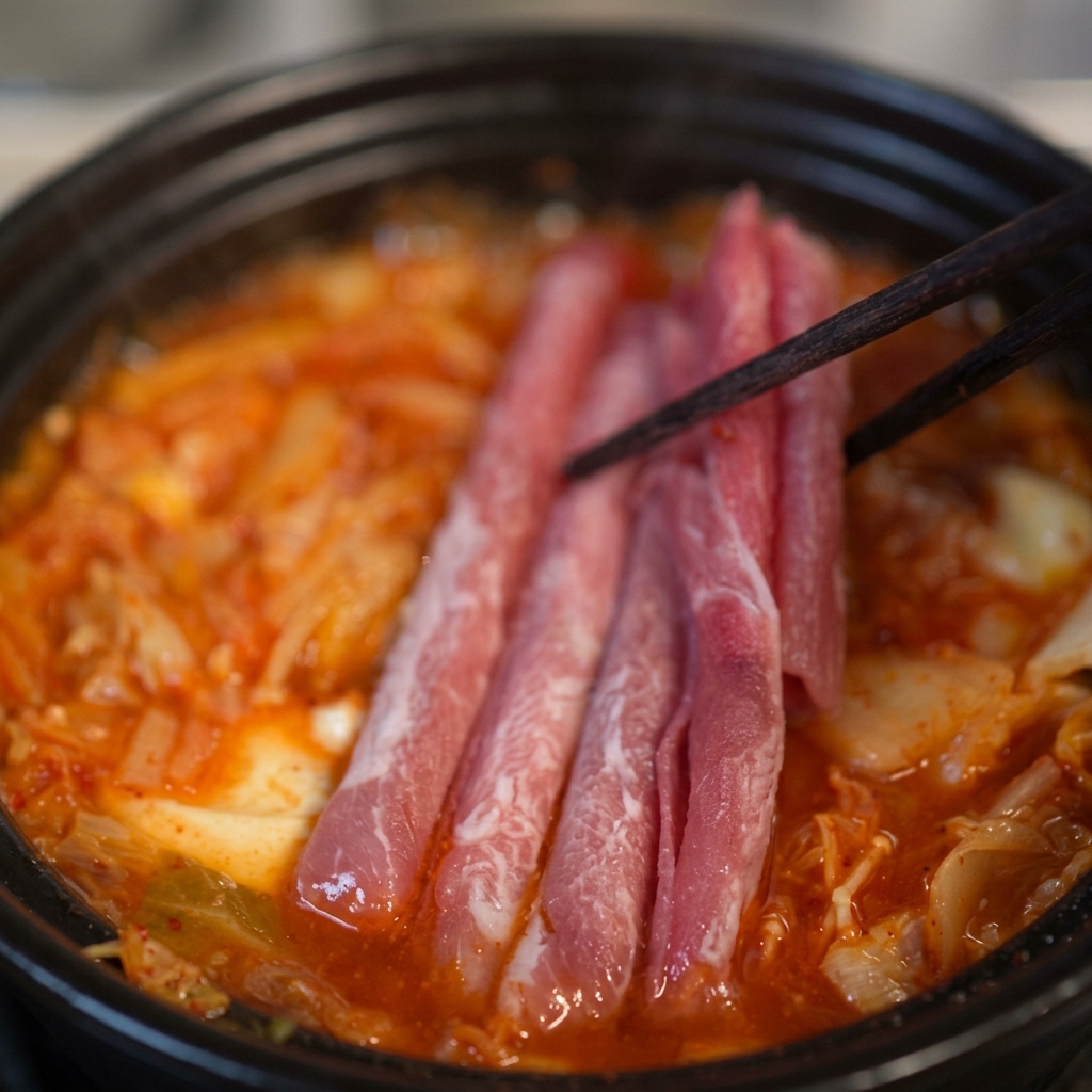 Des baguettes déposant de fines tranches de bœuf persillé crues dans le bouillon de kimchi rouge vif en ébullition.