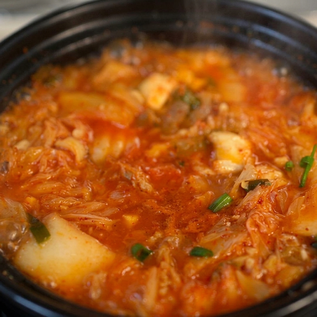 Oignons verts frais hachés parsemés sur le dessus de la soupe de bœuf au kimchi bouillonnante dans la marmite noire.