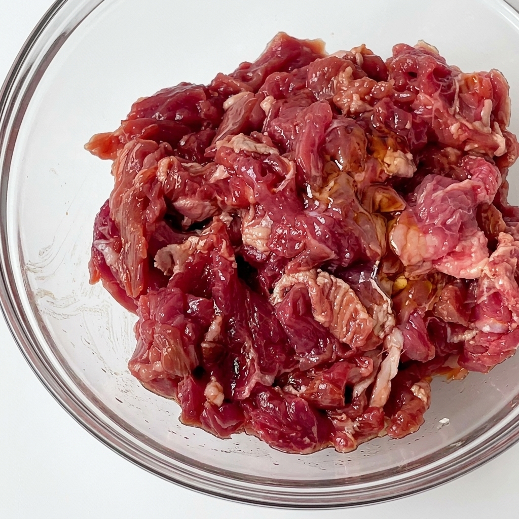 Bol en verre contenant du bœuf cru assaisonné brillant grâce à une couche dhuile de cuisson.