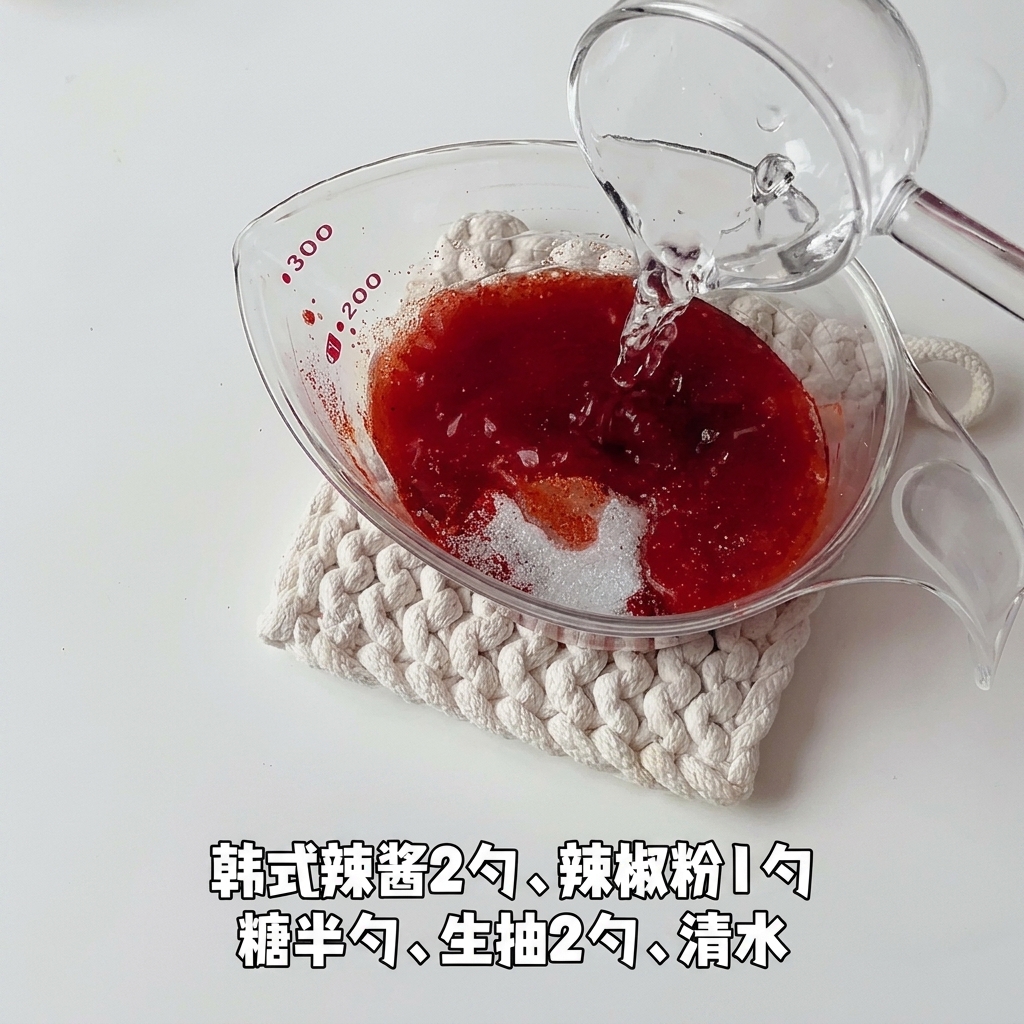 De leau est versée dun verre dans un pichet doseur contenant de la pâte de piment coréenne, de la poudre de piment et du sucre.