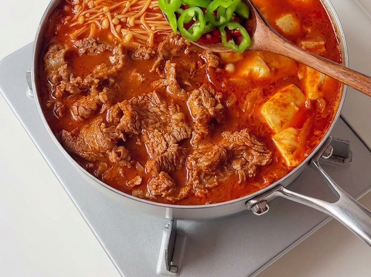 Une cuillère en bois parsemant des piments verts et rouges émincés sur un ragoût coréen au kimchi et au bœuf bouillonnant et cuit.