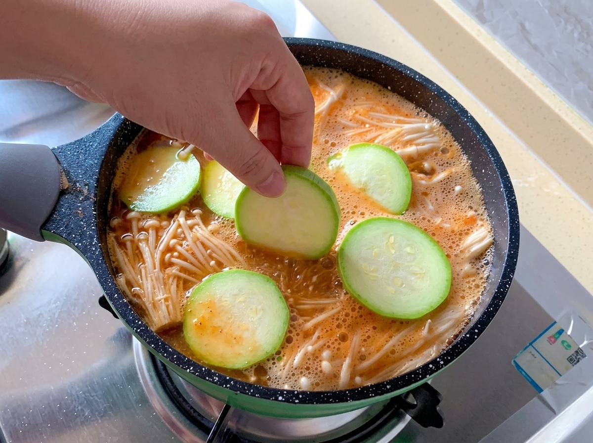 Des rondelles de courgette verte fraîche sont disposées à la main sur une base de soupe bouillonnante remplie de champignons enoki.
