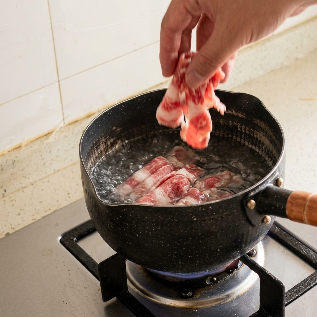 Une main plongeant de fines tranches de bœuf cru marbré dans une casserole deau bouillante.