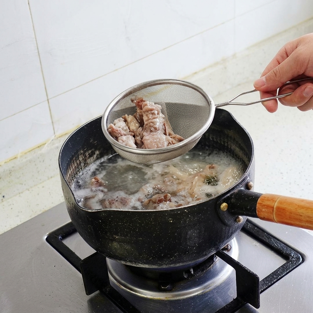 Une main soulevant une écumoire en maille métallique remplie de rouleaux de bœuf blanchis hors dune casserole fumante.
