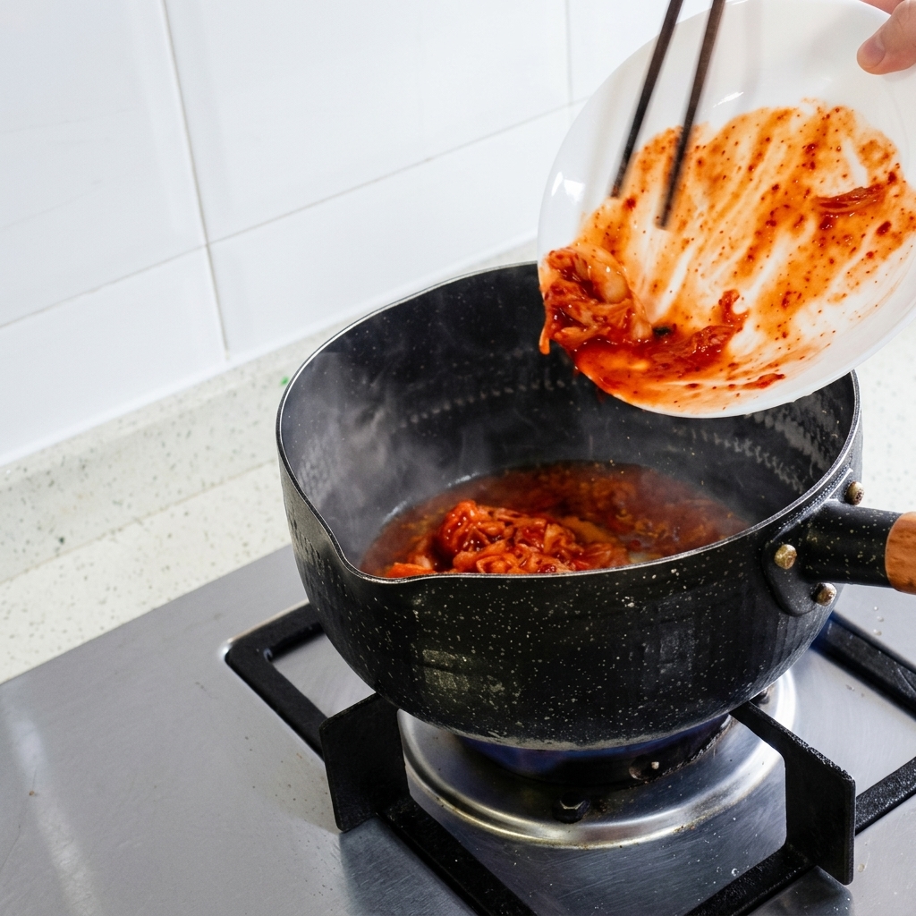 Du kimchi haché glissé dune assiette blanche dans une casserole chaude à laide de baguettes.