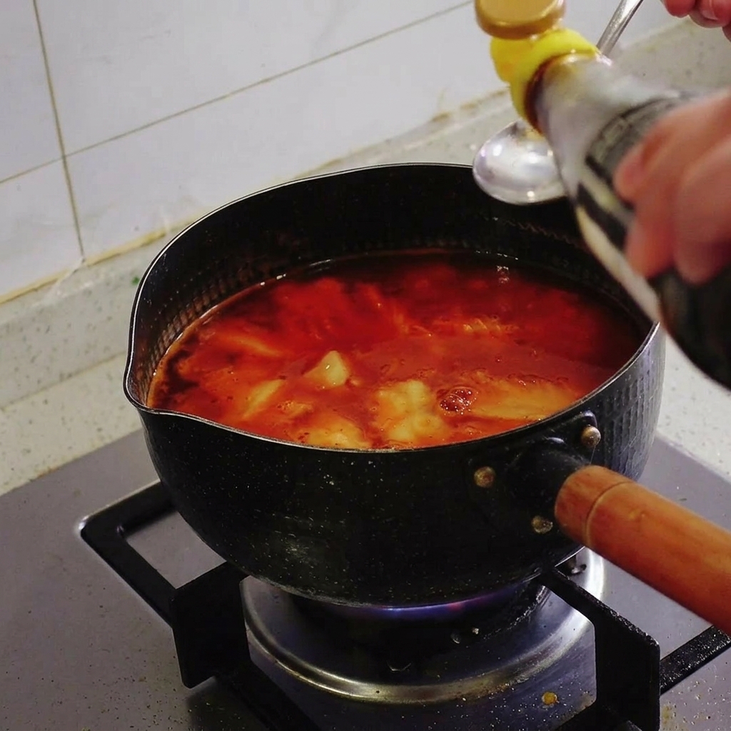 Du liquide dassaisonnement versé dune bouteille dans une cuillère au-dessus dune casserole de soupe au kimchi rouge frémissante.