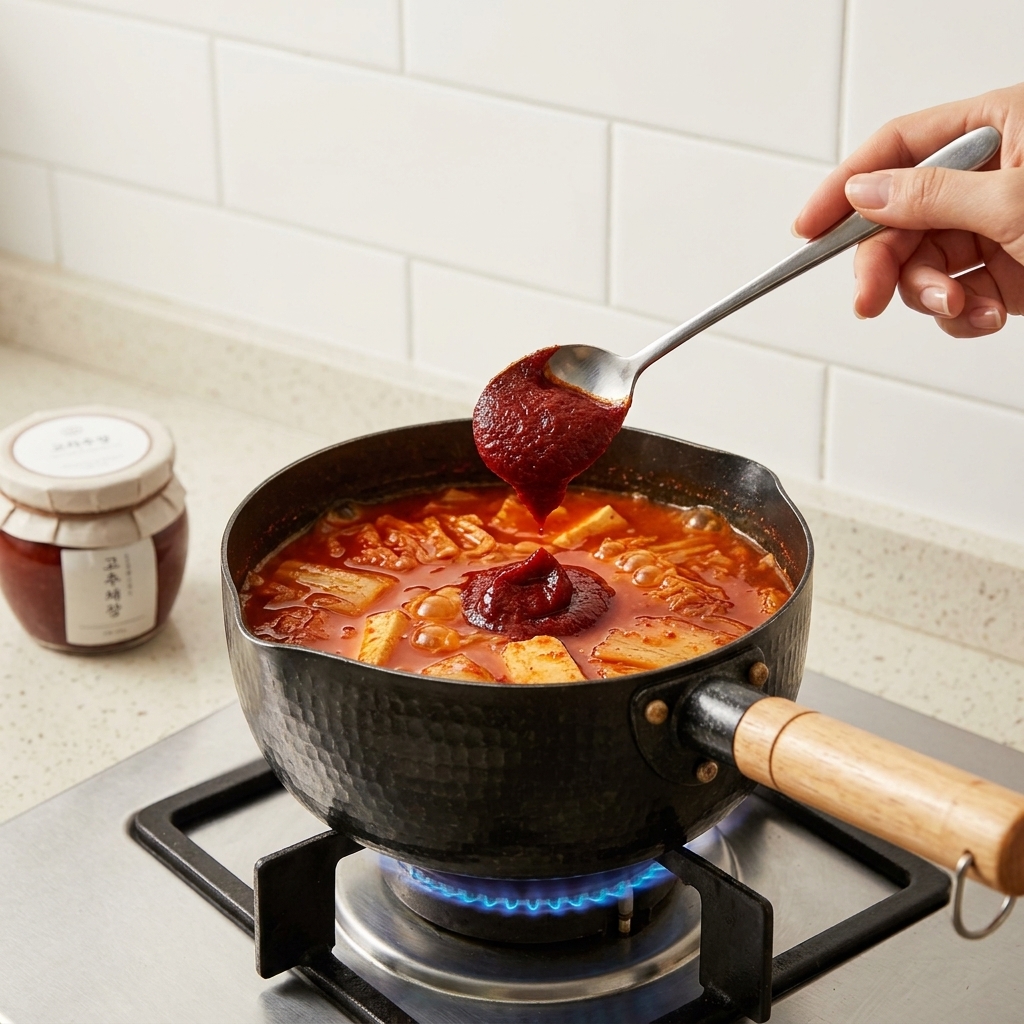Une main ajoutant une grande cuillérée de pâte de piment coréenne rouge et épaisse dans une casserole de soupe bouillonnante sur la cuisinière.