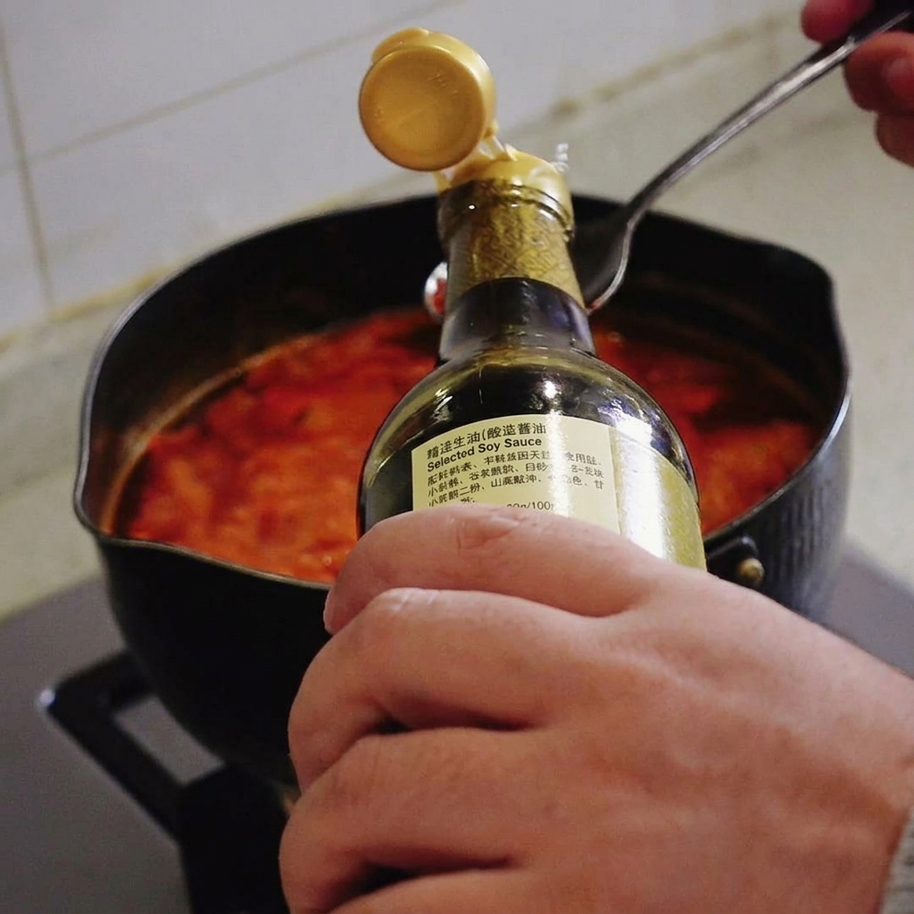 Une main versant de la sauce soja claire depuis une bouteille dans une cuillère en métal au-dessus dune casserole de soupe rouge qui mijote.