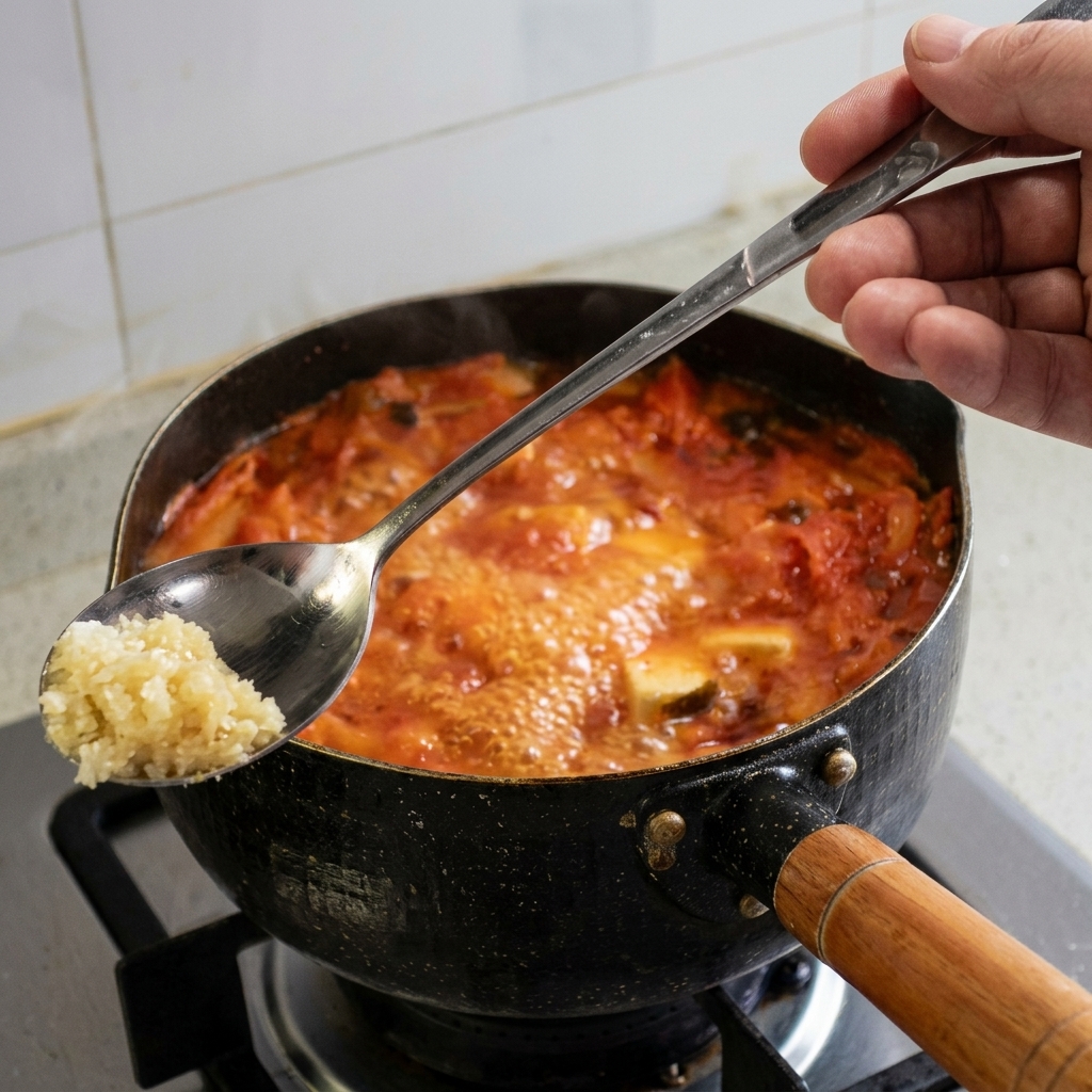 Une cuillère en métal contenant une petite quantité de pâte dail haché au-dessus dune casserole de soupe au kimchi rouge en ébullition.