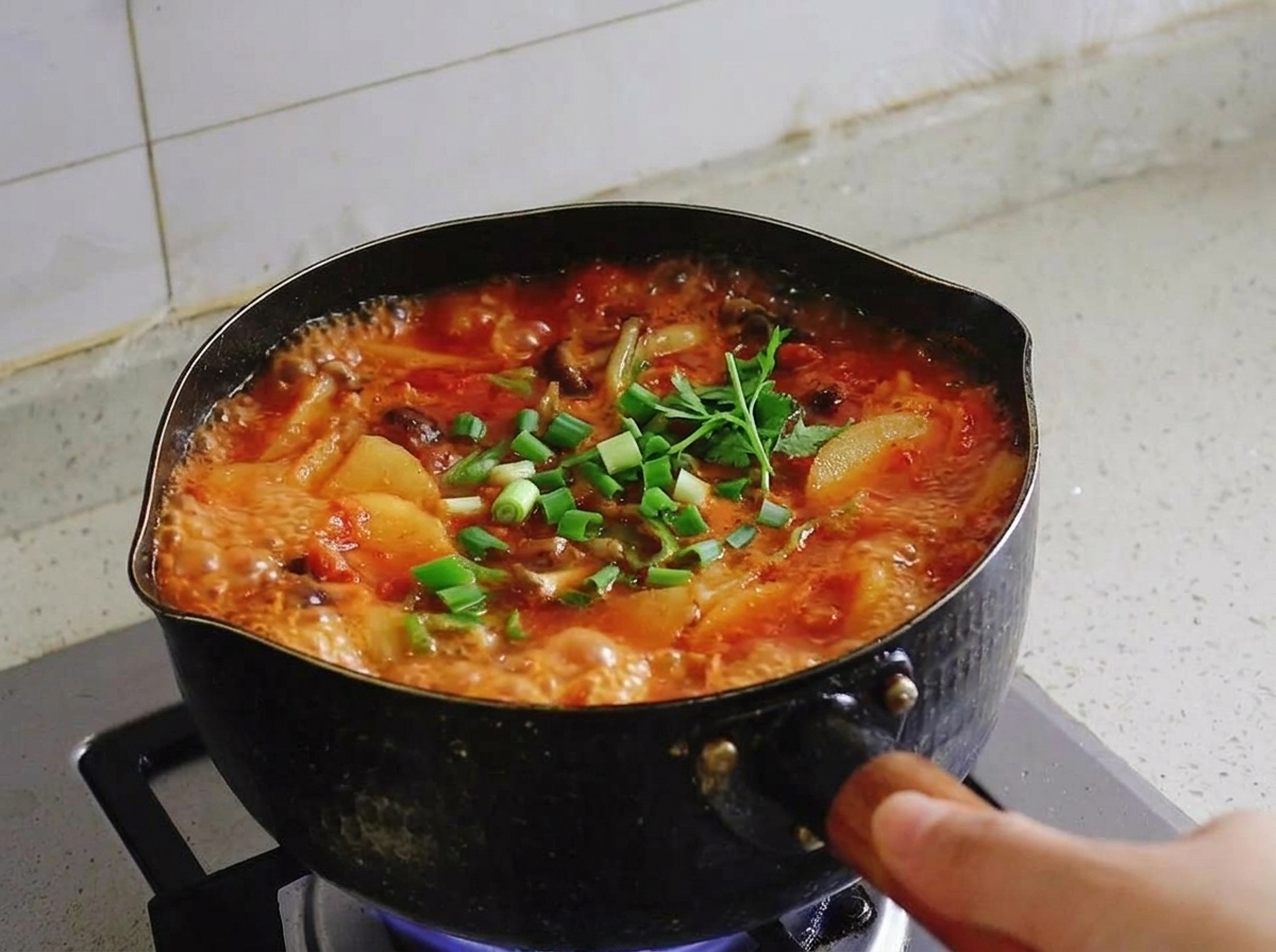 Des oignons verts fraîchement hachés parsemés sur une casserole de soupe de kimchi rouge bouillonnante avec du tofu et de la viande.