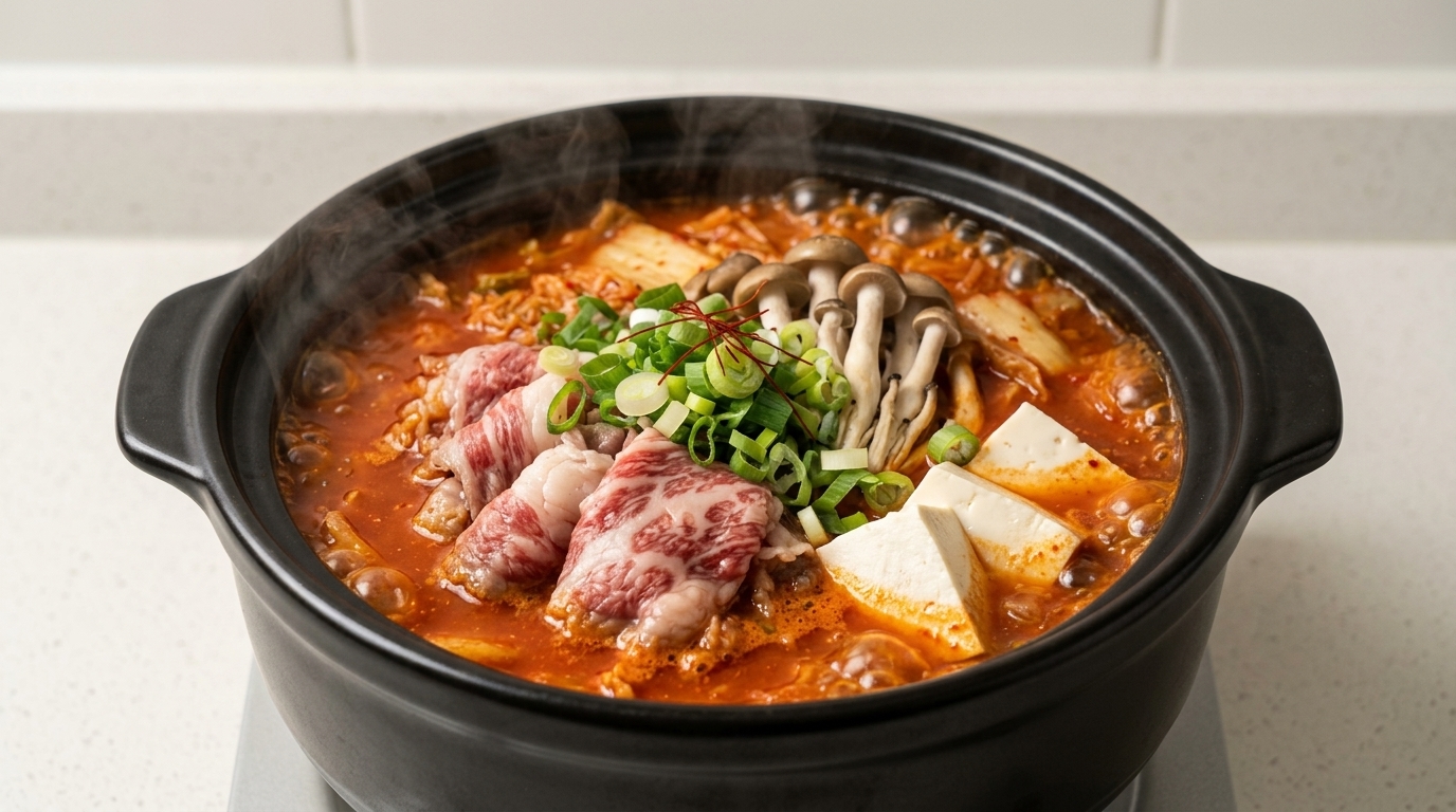 Soupe de kimchi piquante au bœuf gras et tofu soyeux