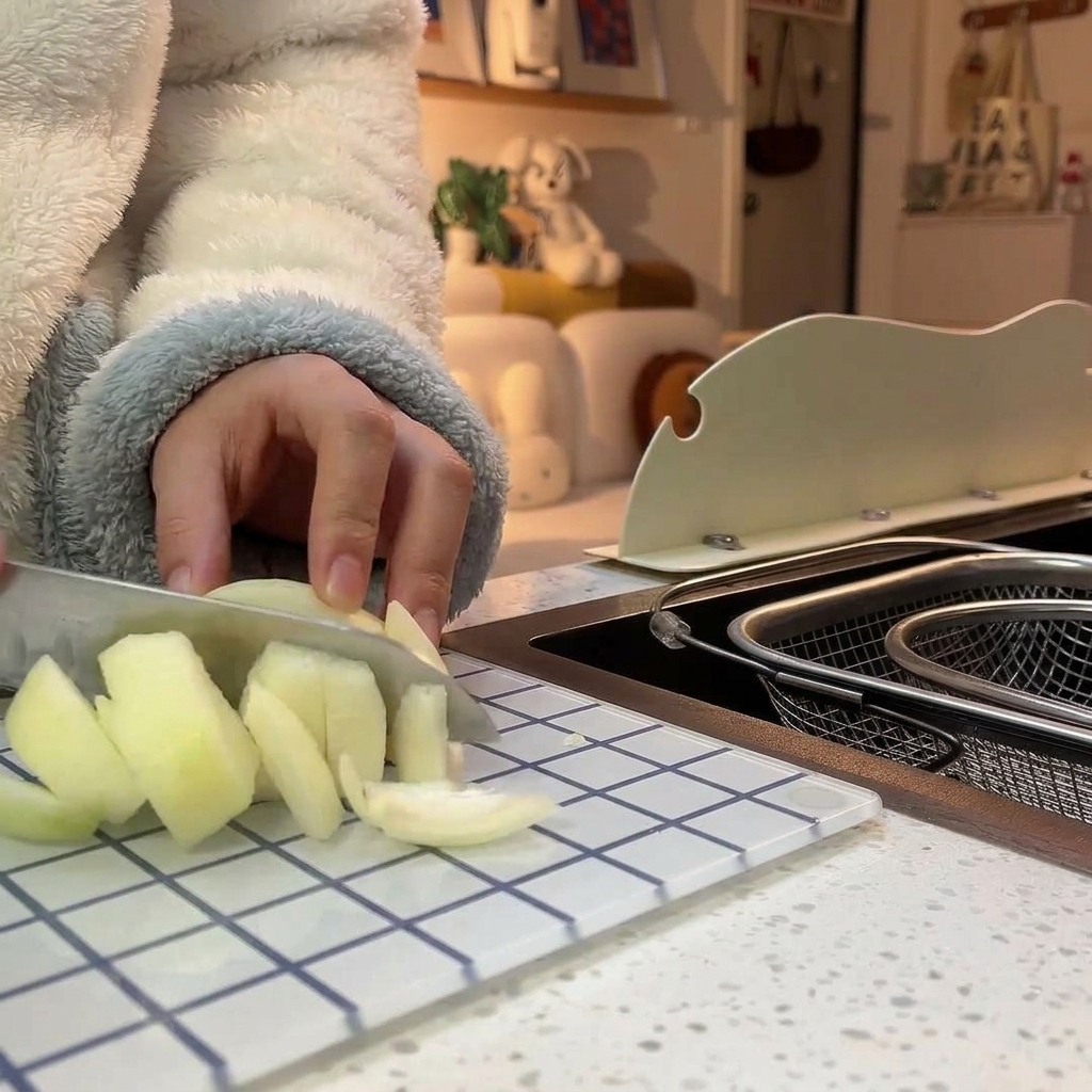 Une personne portant une veste douce émince un oignon blanc sur une planche à découper en verre quadrillée.