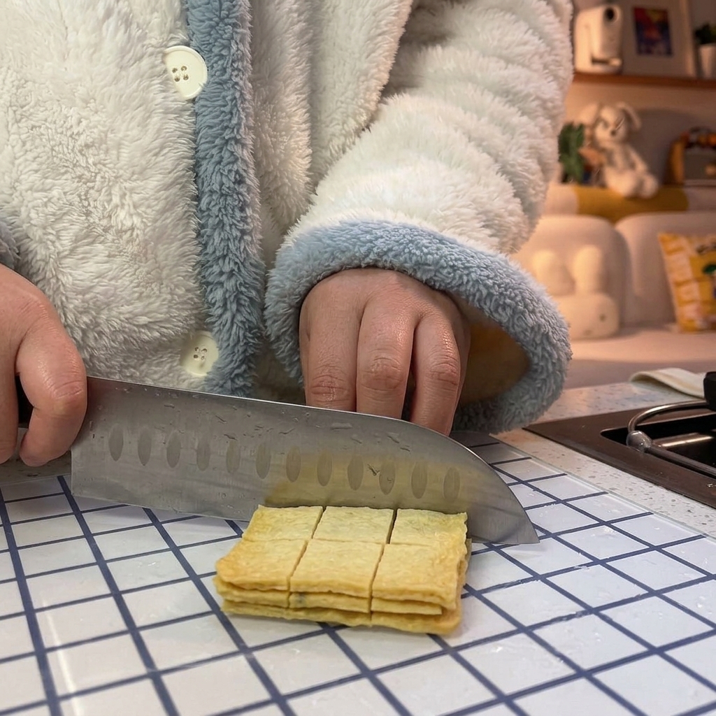 Un grand couteau découpe une feuille jaune de gâteau de poisson en petits carrés sur une planche à découper.