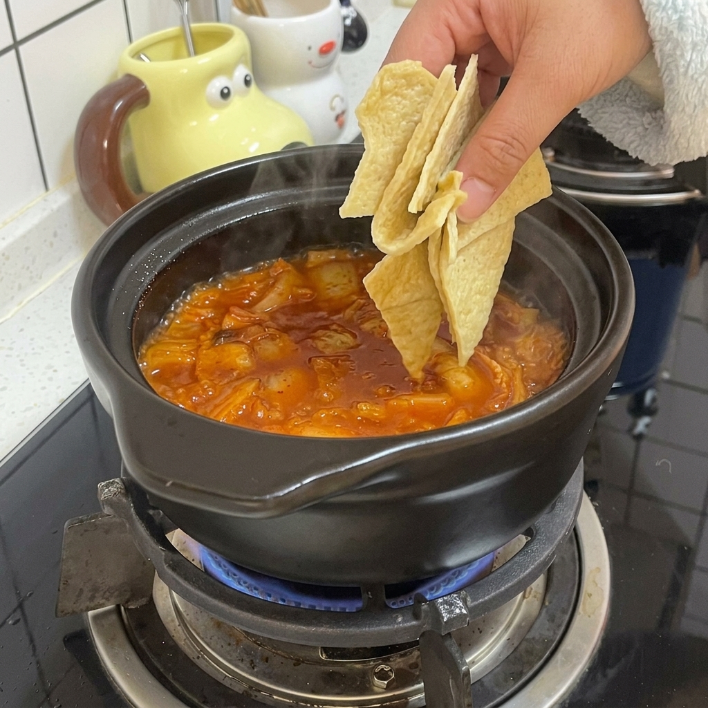 Une main ajoute des morceaux triangulaires de gâteau de poisson dans un ragoût rouge frémissant dans un pot en terre cuite noir.