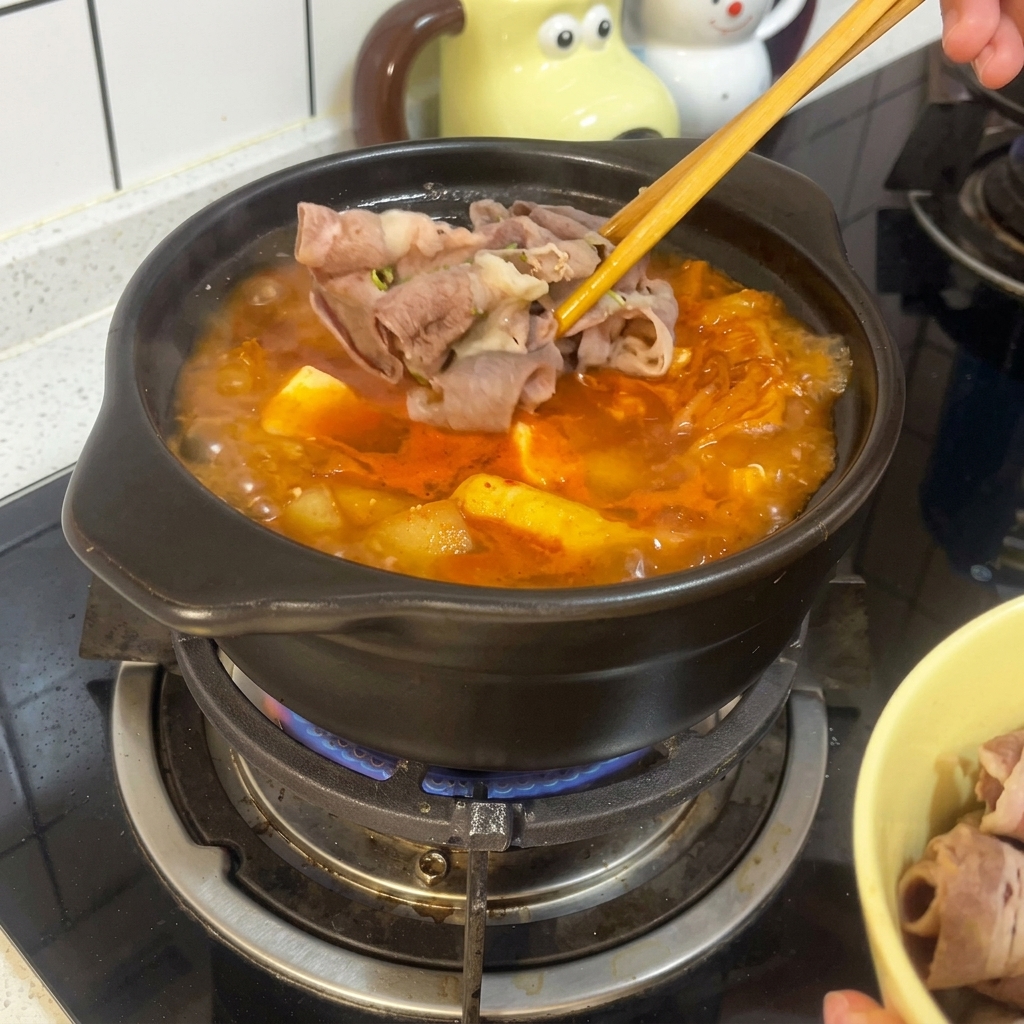 Des baguettes déposent des rouleaux de bœuf blanchis sur un ragoût épicé au tofu et au kimchi dans un pot en terre cuite.