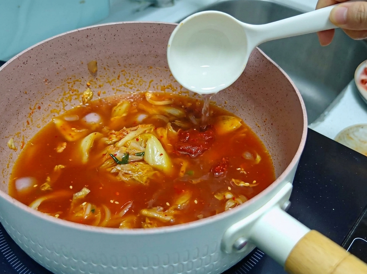 Une louche blanche versant de leau claire dans une poêle rose remplie dun bouillon de soupe au kimchi rouge frémissant.