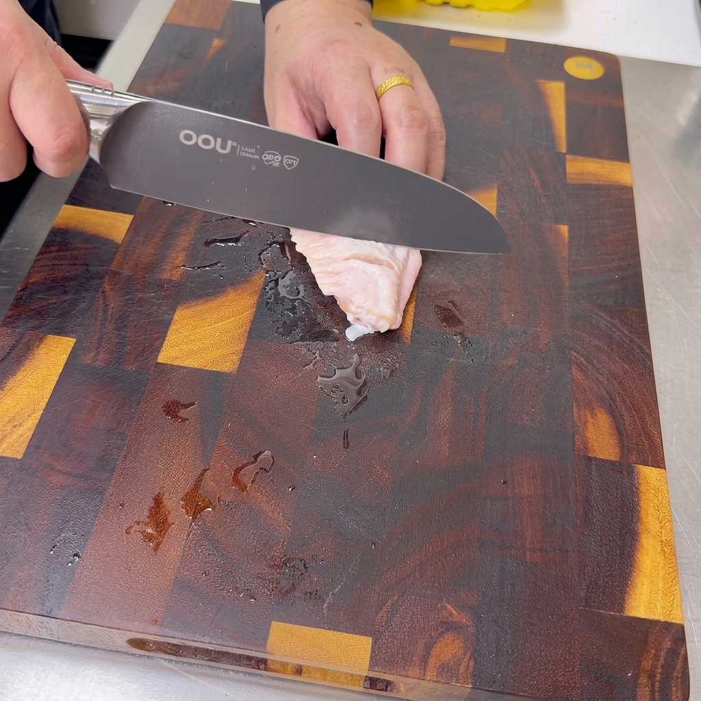 Un couteau bien aiguisé pratiquant de petites incisions diagonales dans une aile de poulet crue sur une planche à découper en bois foncé.