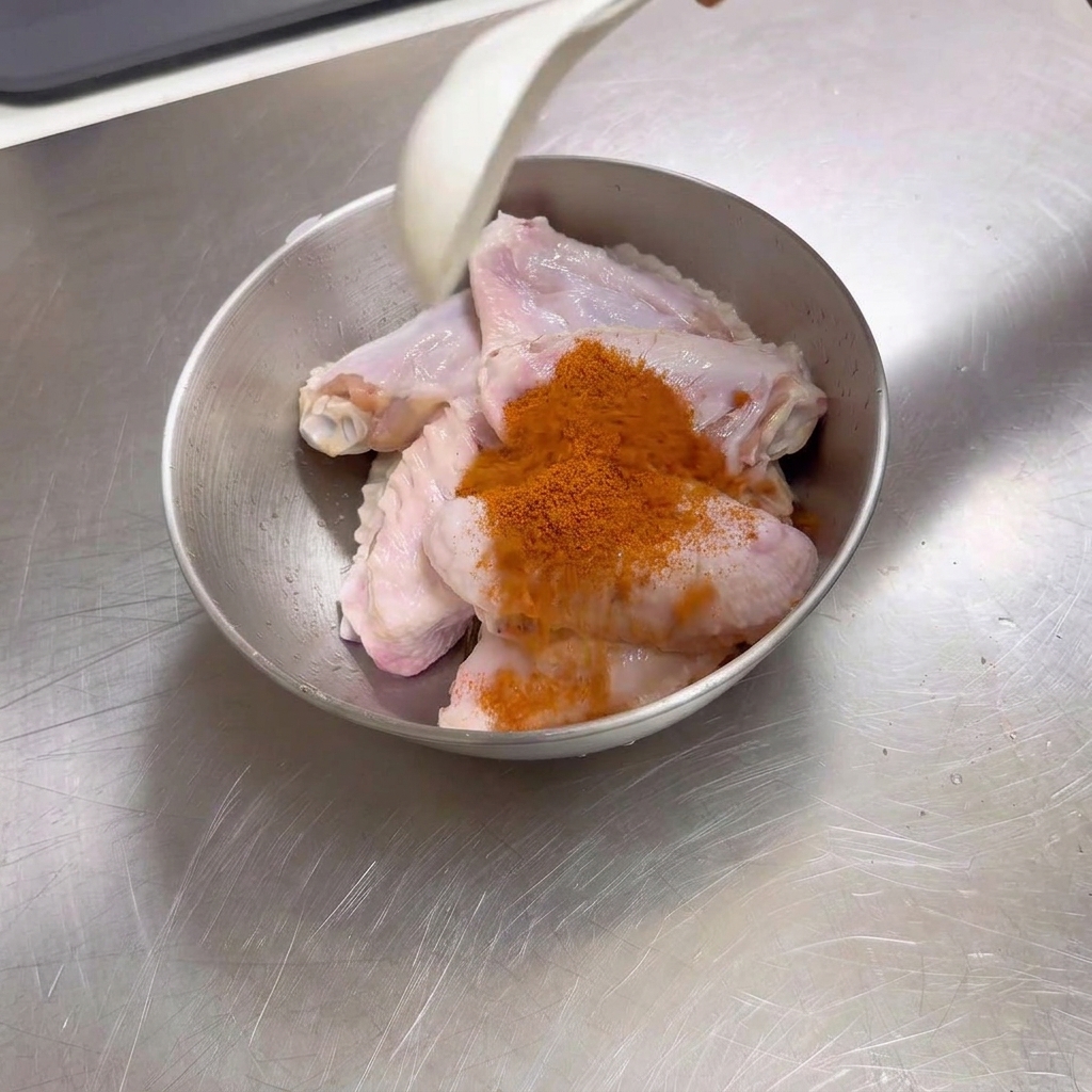 De la poudre dassaisonnement dOrléans orange vif déposée sur des ailes de poulet crues dans un bol en métal, avec une cuillère blanche posée au-dessus.