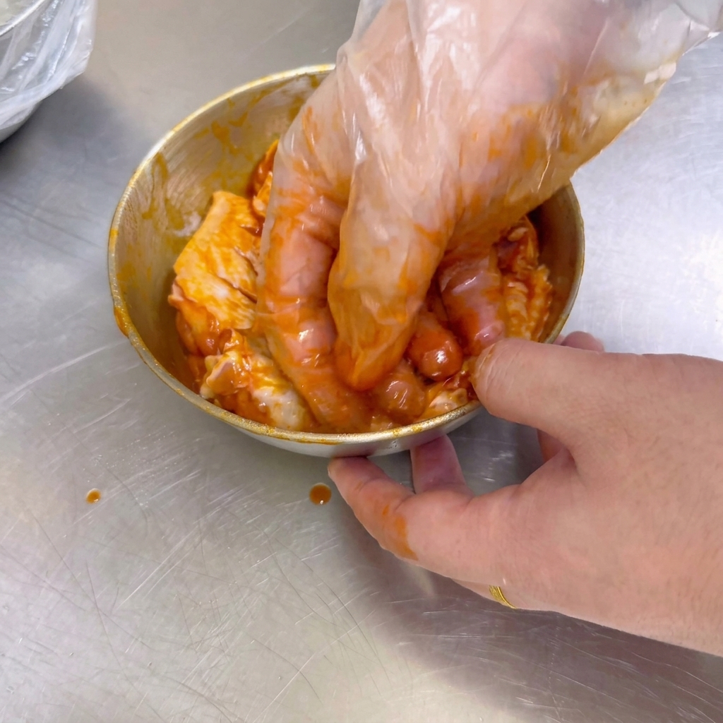 Une main gantée mélangeant soigneusement des ailes de poulet crues avec une pâte de marinade orange vif dOrléans dans un bol en métal.