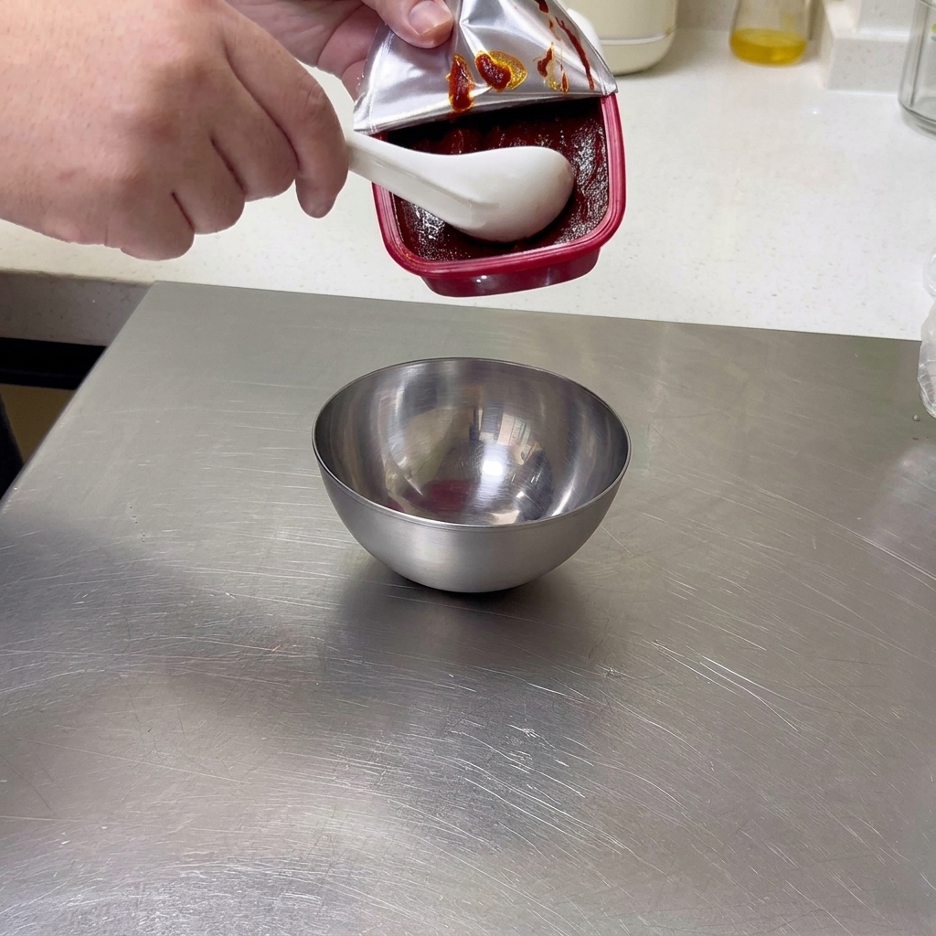 Une cuillère en céramique blanche prélevant de la pâte de piment rouge épaisse de son pot pour la déposer dans un petit bol en acier inoxydable.