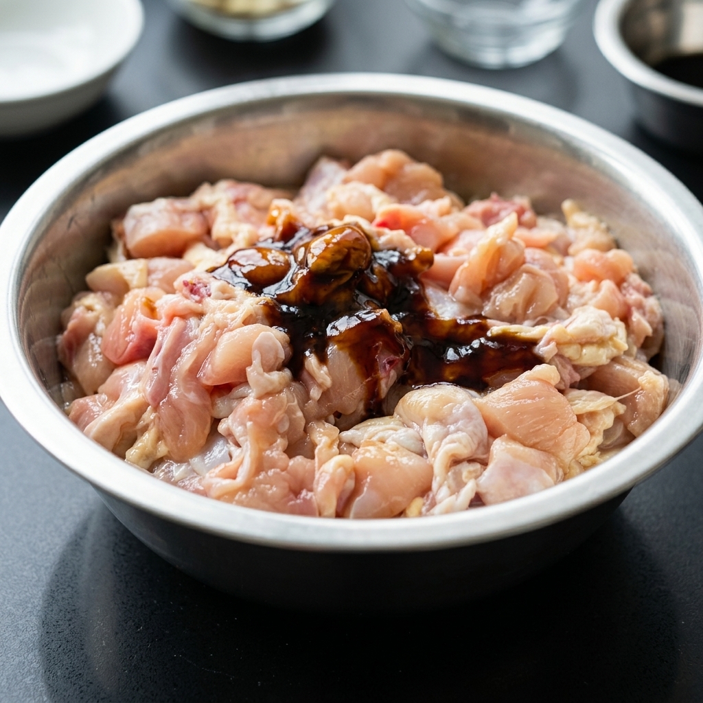 Morceaux de hauts de cuisses de poulet crus et frais dans un bol en acier inoxydable, nappés dune cuillerée de sauce soja claire et de sauce dhuître épaisse.