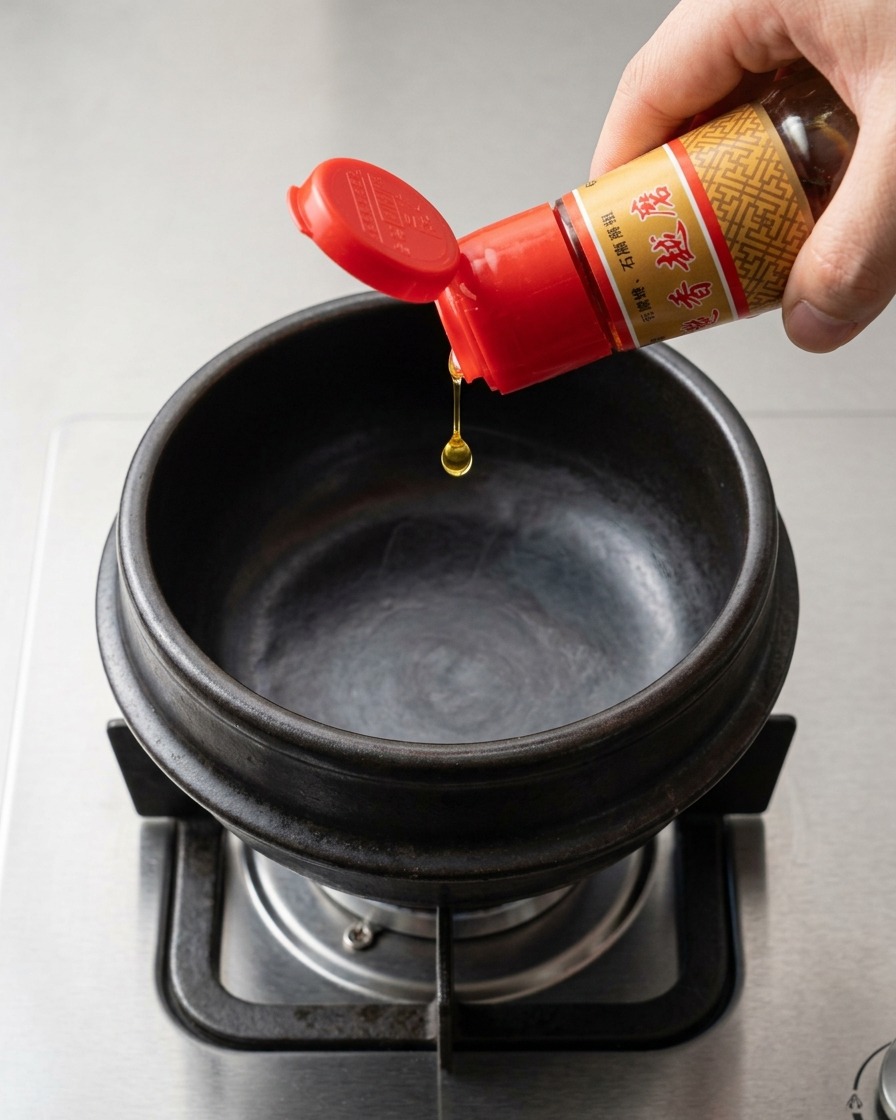 De lhuile de sésame parfumée versée depuis une bouteille en verre au bouchon rouge dans un pot en pierre noire vide posé sur un brûleur de cuisinière à gaz.