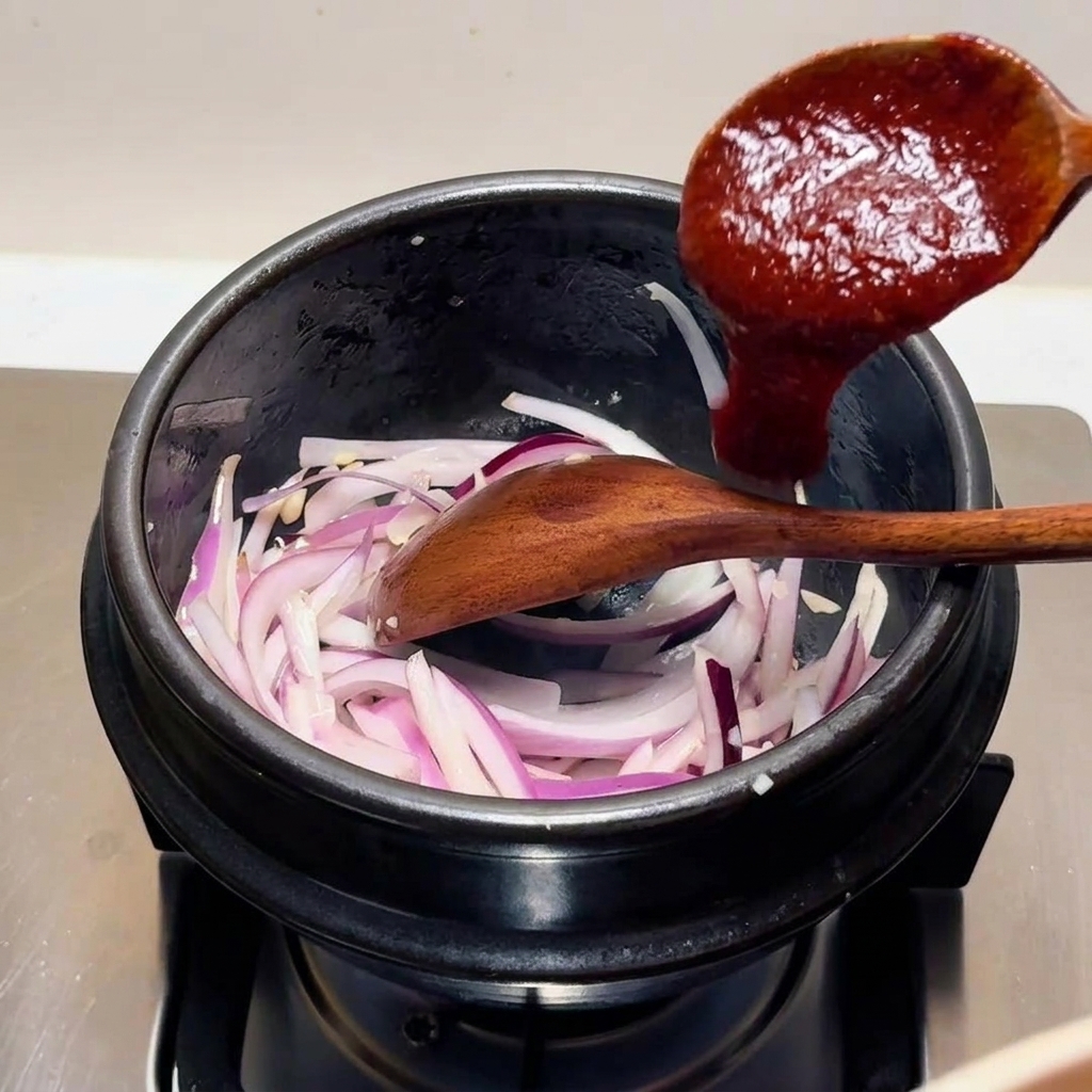 Une cuillère en bois ajoutant une sauce de piment rouge épaisse à des oignons rouges émincés dans un pot de cuisson en pierre noire.