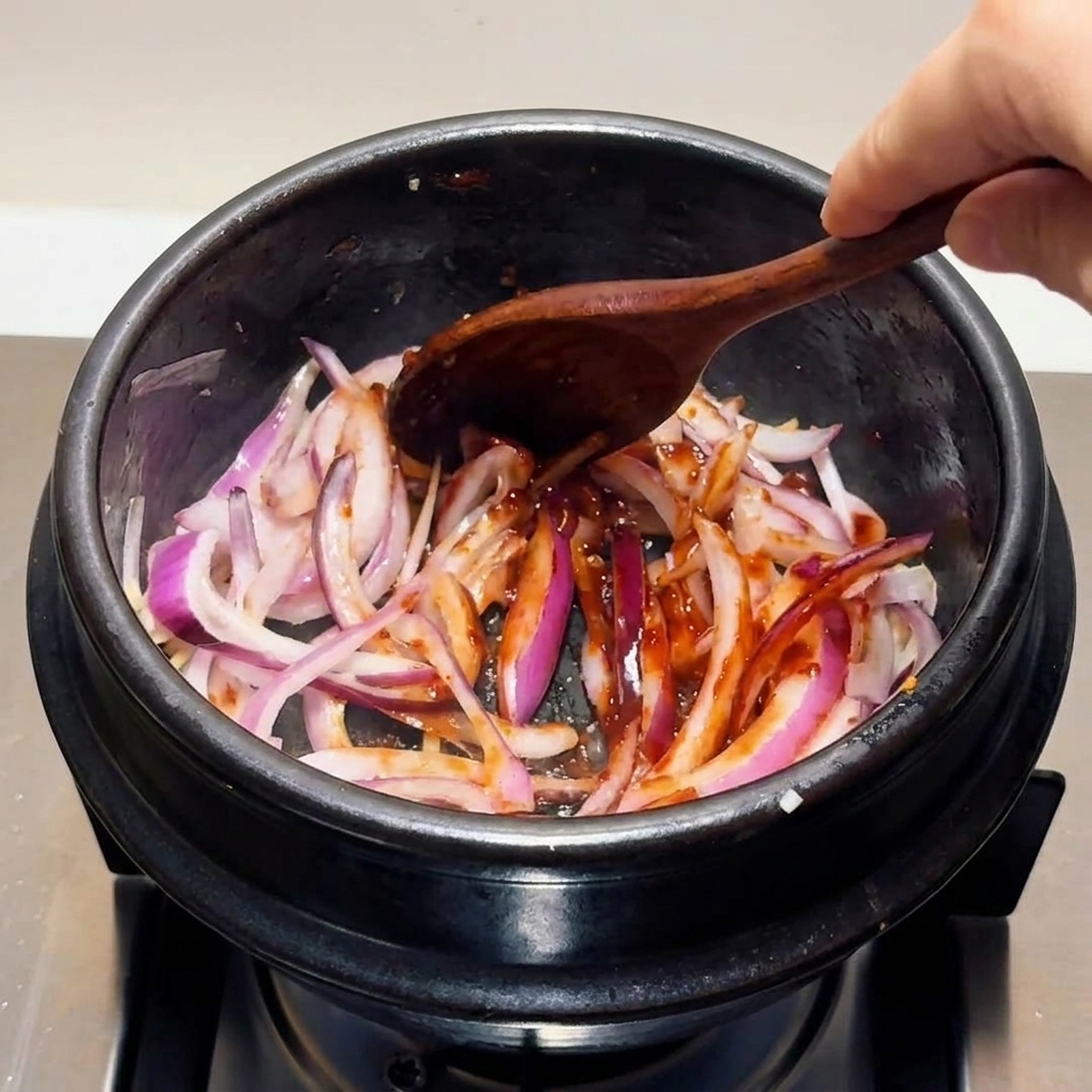 Rondelles doignon rouge parfaitement enrobées dune sauce pimentée coréenne rouge foncé, mélangées avec une cuillère en bois à lintérieur dun pot en pierre noire.
