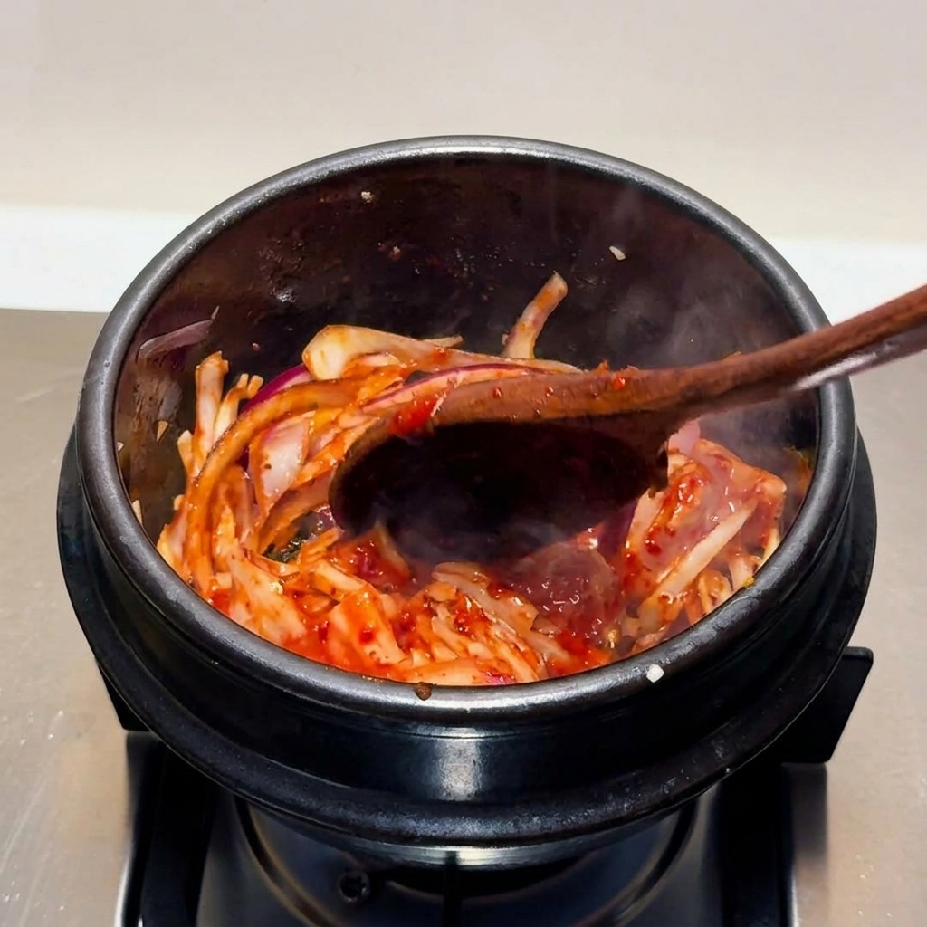 Kimchi acide et oignons rouges activement sautés ensemble à laide dune cuillère en bois dans un pot en pierre fumant.