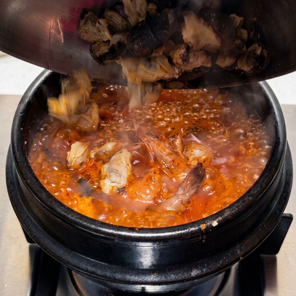 Des palourdes fraîches et une crevette entière plongées dans un bouillon de soupe au kimchi rouge frémissant et bouillonnant.