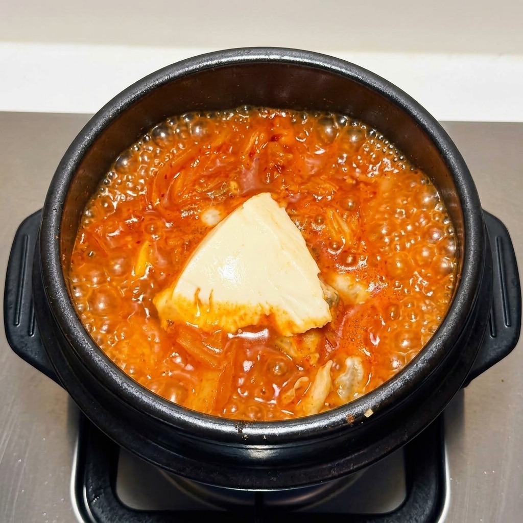Un gros morceau de tofu soyeux blanc et lisse reposant au centre dune soupe de fruits de mer au kimchi rouge et bouillonnante.